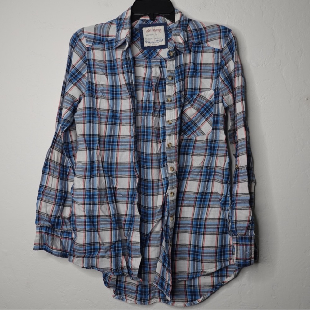 Girl Krazy Plaid Button-Down Shirt – Size M, Boyfriend Fit, Blue/White/Red